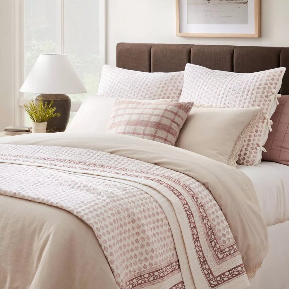 NEW Queen Decorative Border Cotton Wood Block Print Quilt - Studio McGee